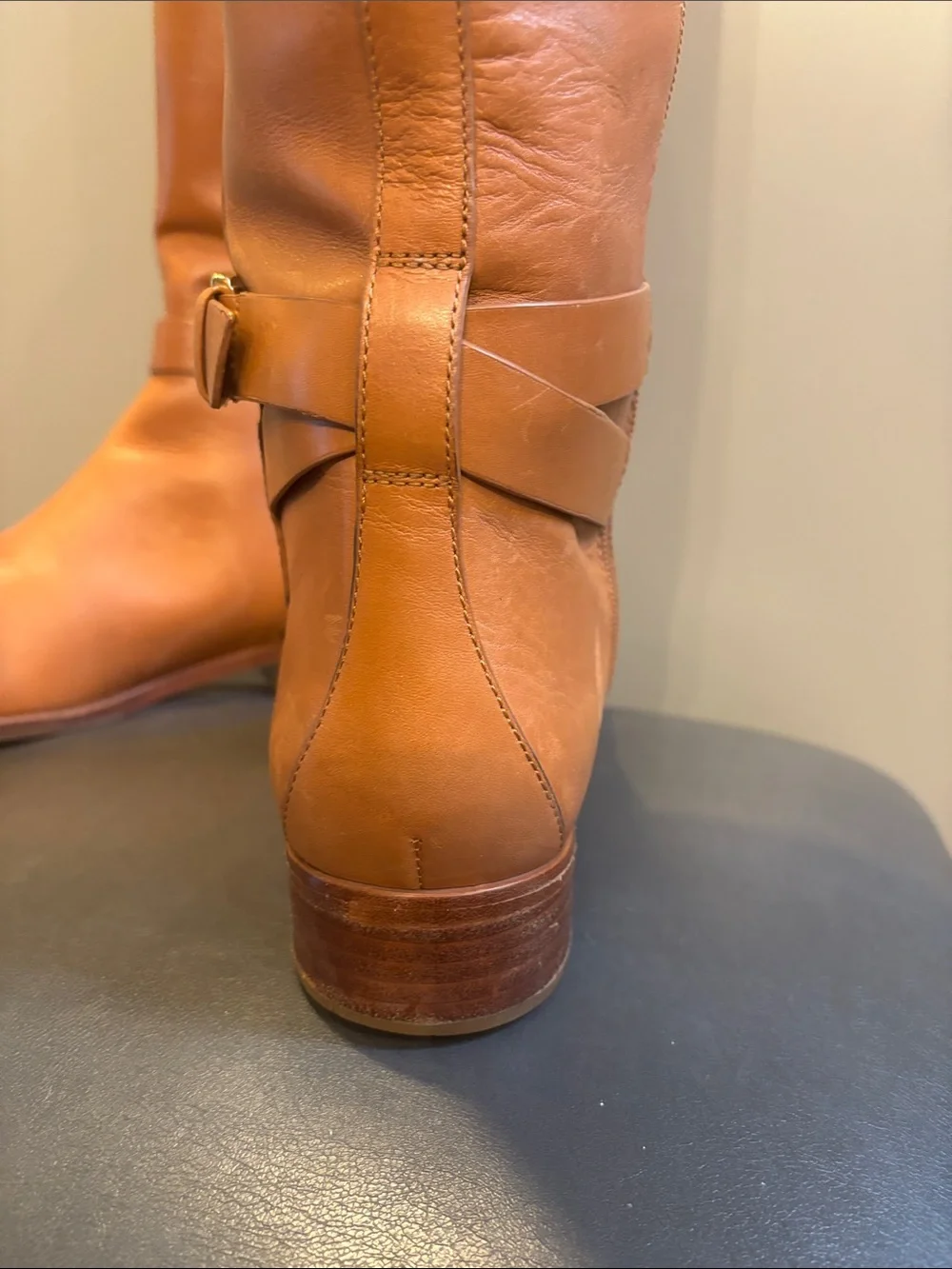 Tory Burch Brooke knee-high boots in tan leather. 11